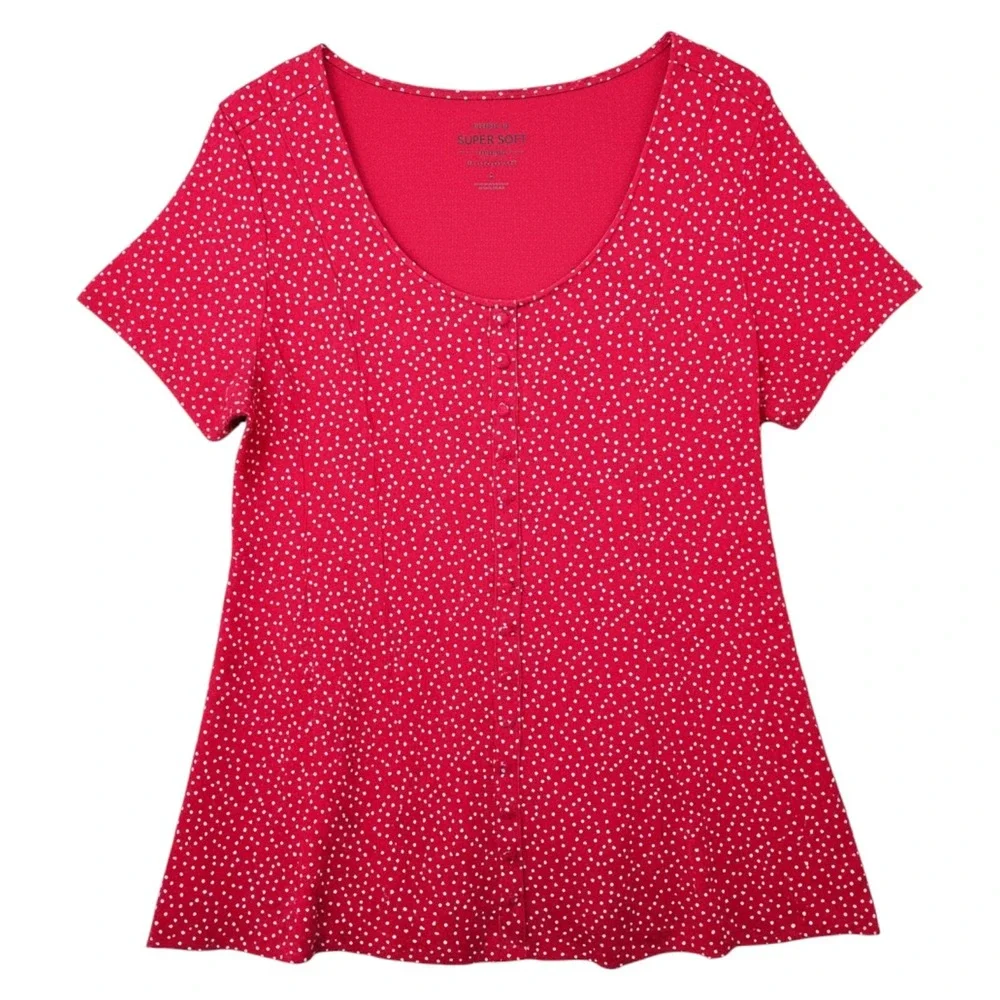 Torrid Shirt Women 1 1X Red Polka Dot Super Soft Knit Faux Button Scoop Neck Top